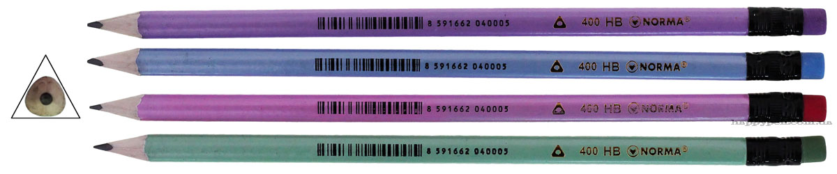 Карандаш чернографитный с резинкой НВ, корпус треугольный, ассорти NORMA - фото 1