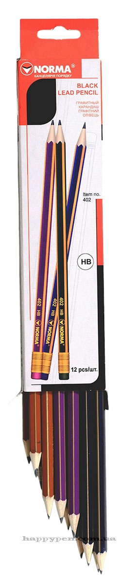 Олівець графітний з гумкою НВ, корпус з кольоровими та жовтими гранями, 12шт./уп. NORMA - фото 1