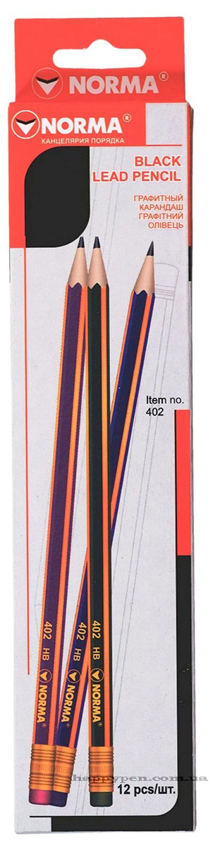 Олівець графітний з гумкою НВ, корпус з кольоровими та жовтими гранями, 12шт./уп. NORMA - фото 2