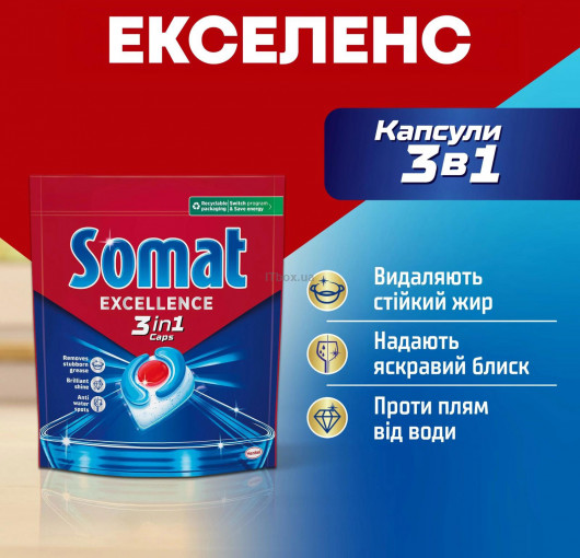 Таблетки для посудомоечных машин, 70шт/уп. Excellence 3 in 1 Somat - фото 4