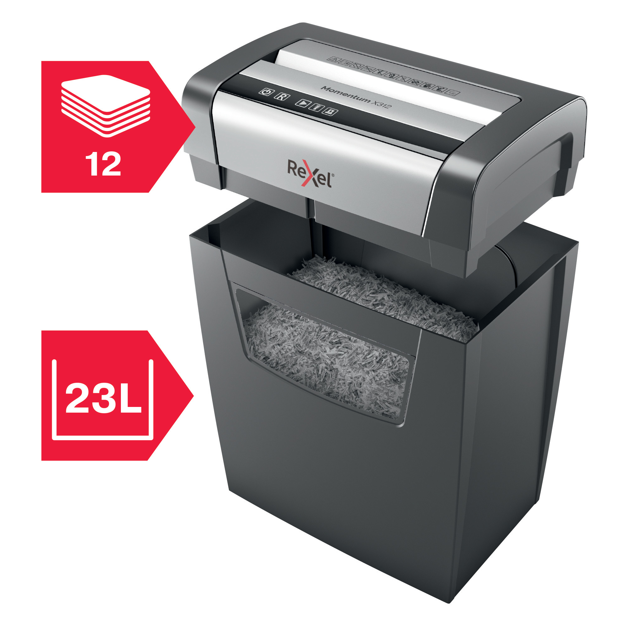 Знищувач документів Momentum X312  P3 12лист., поперечна різання, корзина 23л Rexel — фото 8