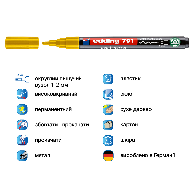 Маркер для маркування усіх поверхонь e-791n, круглий наконечник 1-2мм., жовт. Edding — фото 3
