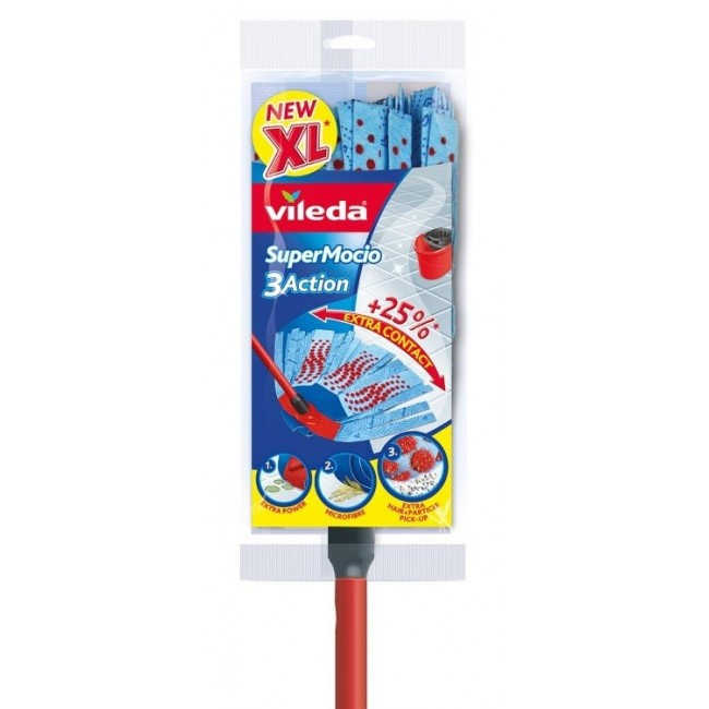 Швабра для мытья пола + целлюлозная насадка, 150см., Super Mocio 3Action Velour, с ручкой, красн. Vileda - фото 1