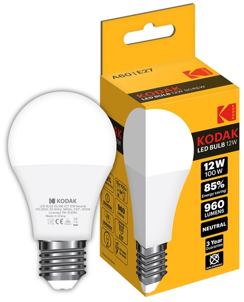 Лампа светодиодная LED Е27 A60 12Вт. 4100К (нейтрально белый свет) Kodak - фото 1