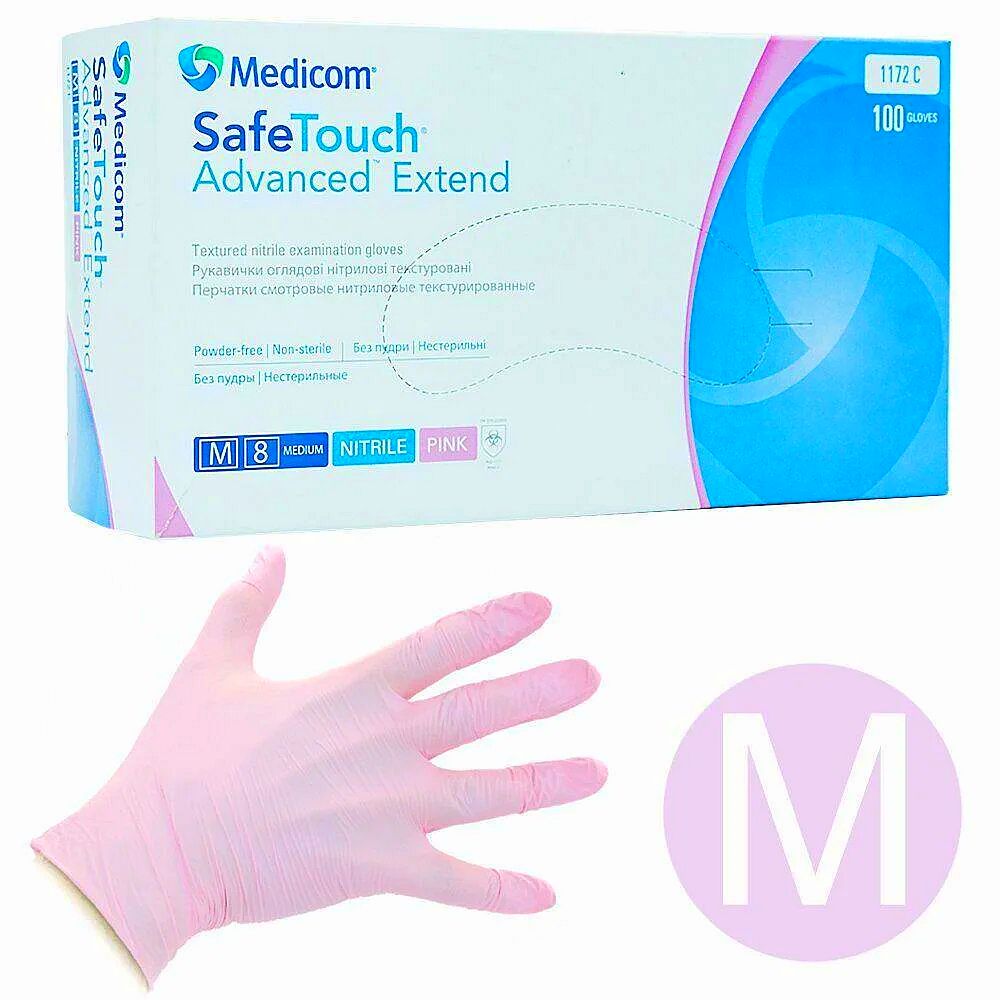 Перчатки нитриловые неопудренные, M, 100шт./уп. SafeTouch, розов. Medicom - фото 1