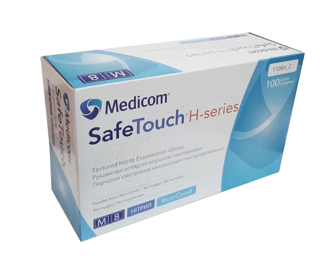 Рукавички нітрілові без пудри, M (100шт/уп.) SafeTouch® H-series, блакит. Medicom - фото 1