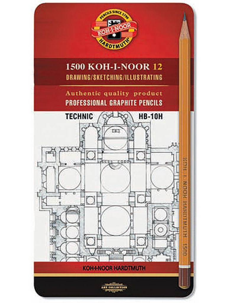 Набор карандашей чернографитных 1500 Technic, НВ-10Н, 12шт./уп., метал. коробка Koh-i-noor - фото 1