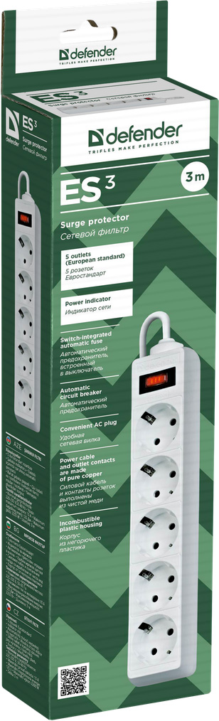 Фильтр-удлинитель 3 метра, 5 розеток с заземлением, выключатель с предохранителем, бел. Defender - фото 2