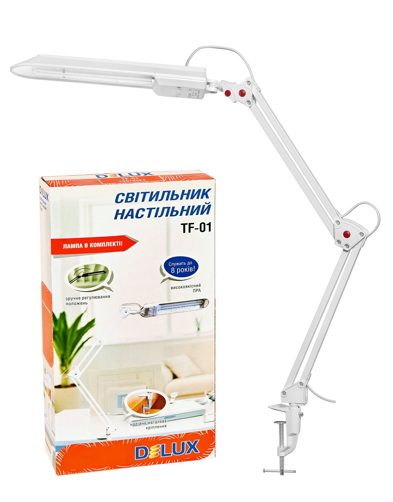 Светильник настольный на струбцине TF-01, бел. DeLux - фото 1