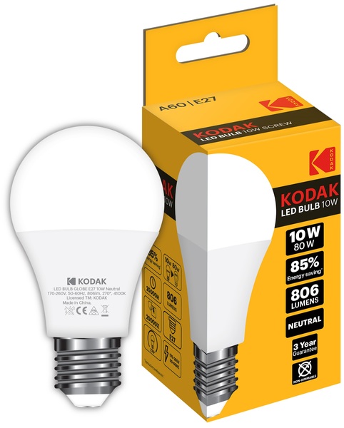 Лампа светодиодная LED E27 A60 10Вт. 4100К (нейтрально белый свет) Kodak - фото 1