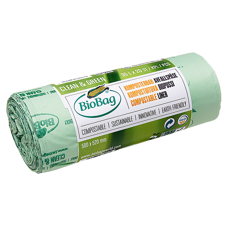 Мешки для мусора биоразлагаемые BioBag на 30литров, 50*52см., 19микрон, 20шт. в рул., зелен. BioBag - фото 1