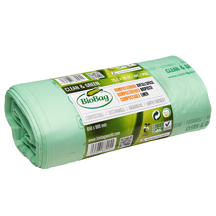 Мішки для сміття біорозкладні BioBag на 30літрів, 65*90см., 25мікрон, 20шт. в рул., зелен. BioBag - фото 1