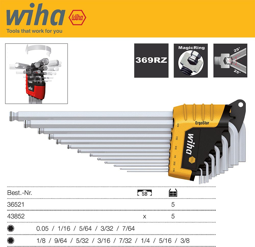 Набор шестигранных  ключей, дюймовых со сферичной головкой MagicRing Ergostar, 13 единиц Wiha - фото 1
