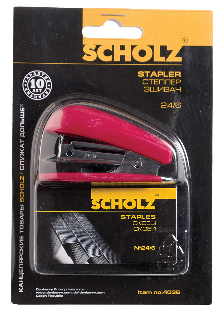 Степлер-міні 24/6 16арк., пластик. + 1000 скоб, черв. Scholz - фото 1