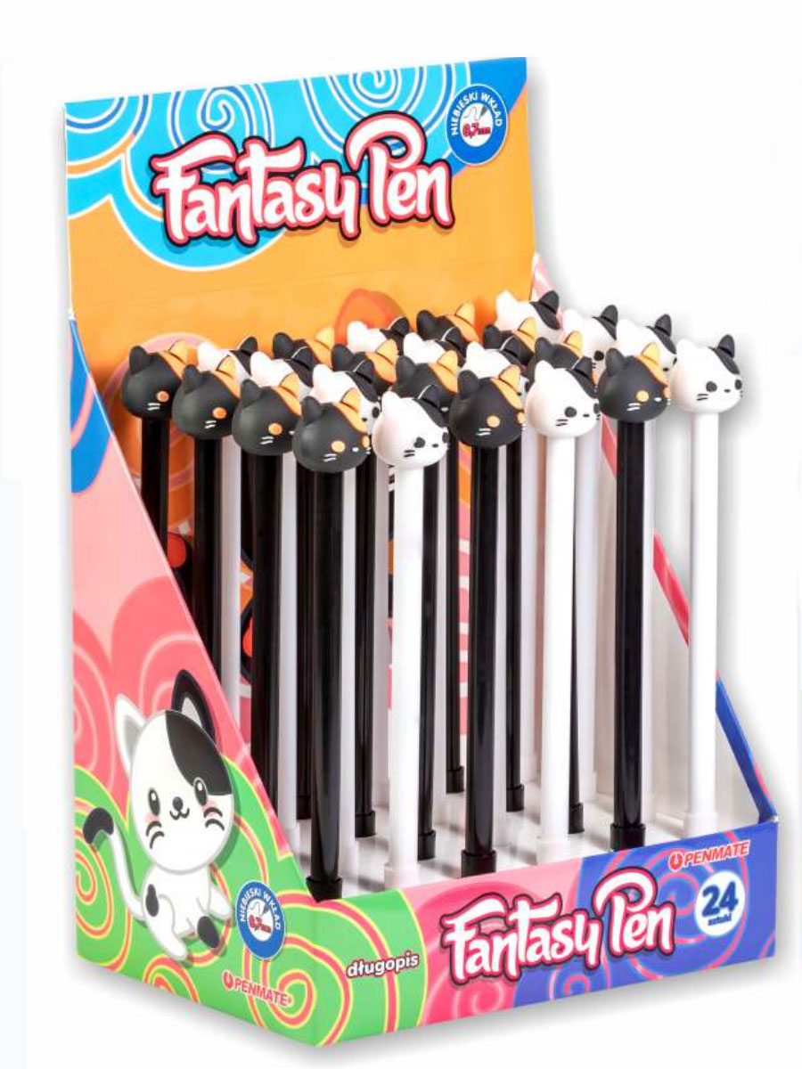 Дисплей ручка шариковая с силиконовой насадкой FANTAZYJNY КОТИК, стержень син., 24шт. Penmate - фото 4