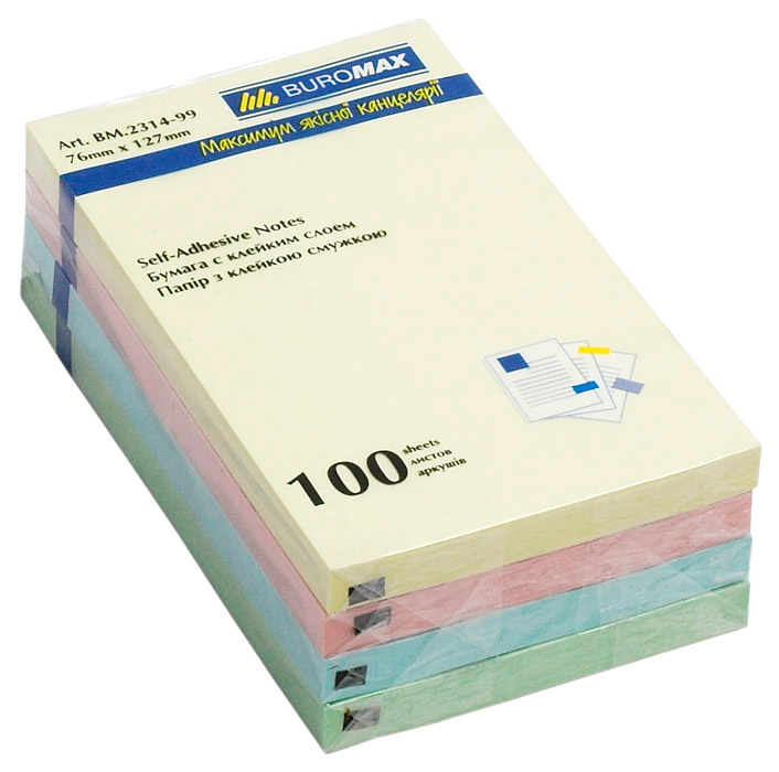 Блок паперу з клейким шаром 127*76мм.*100л., mix BuroMax - фото 1