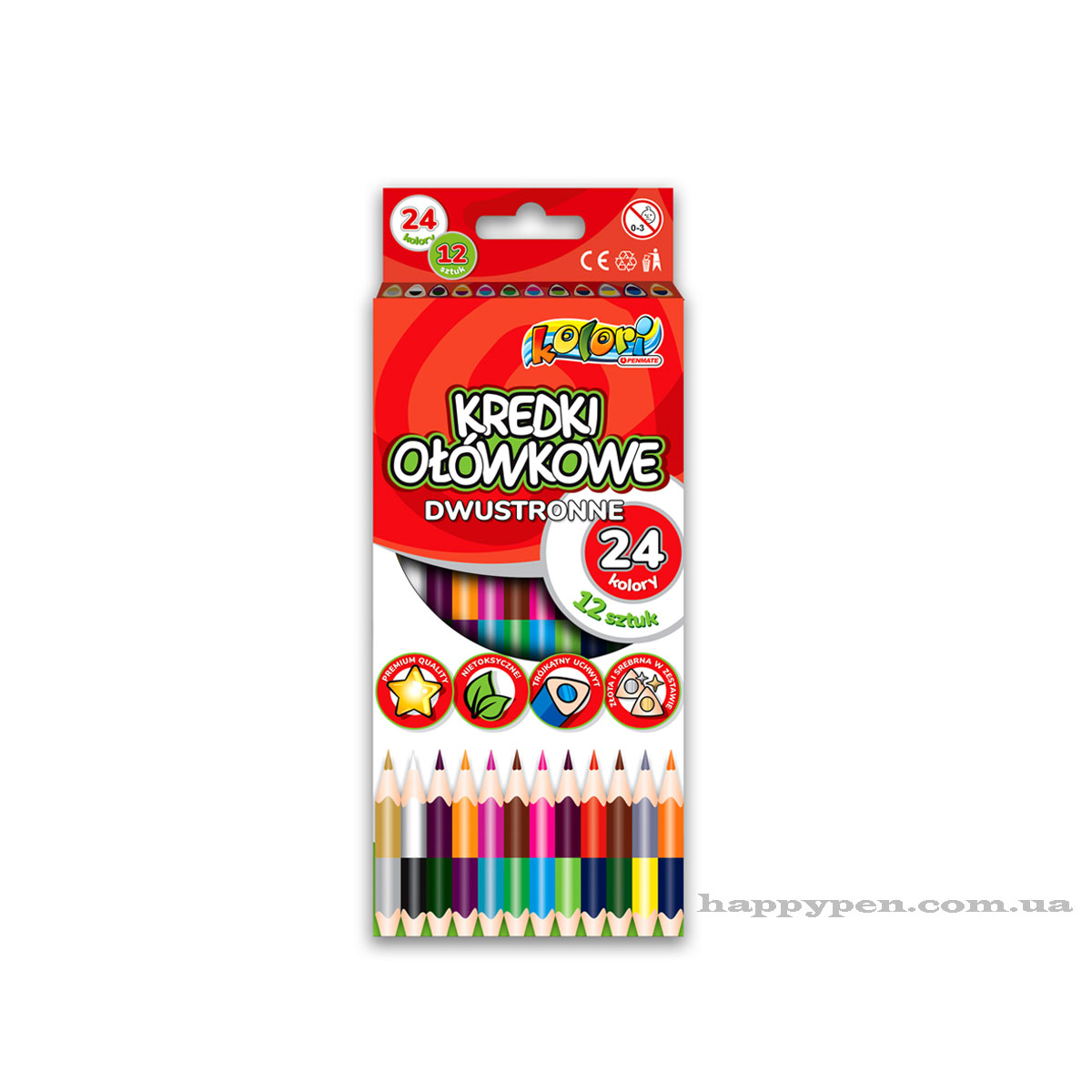 Карандаши цветные двусторонние 12шт/24цв. Kolori Premium Quality, треугольные Penmate - фото 1