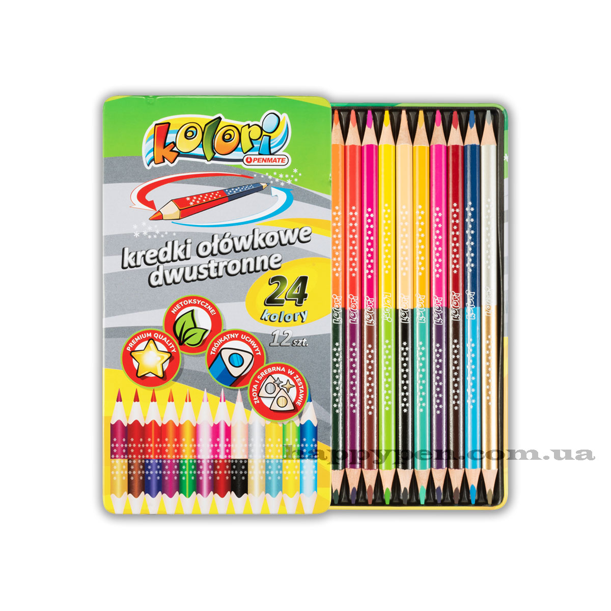 Олівці кольорові двосторонні 12шт/24кол. Kolori Premium Quality, трикутні в металевій коробці Penmate - фото 3