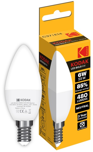 Лампа светодиодная LED C37 (свеча) E14 6Вт. 4100К (нейтрально белый свет) Kodak - фото 1