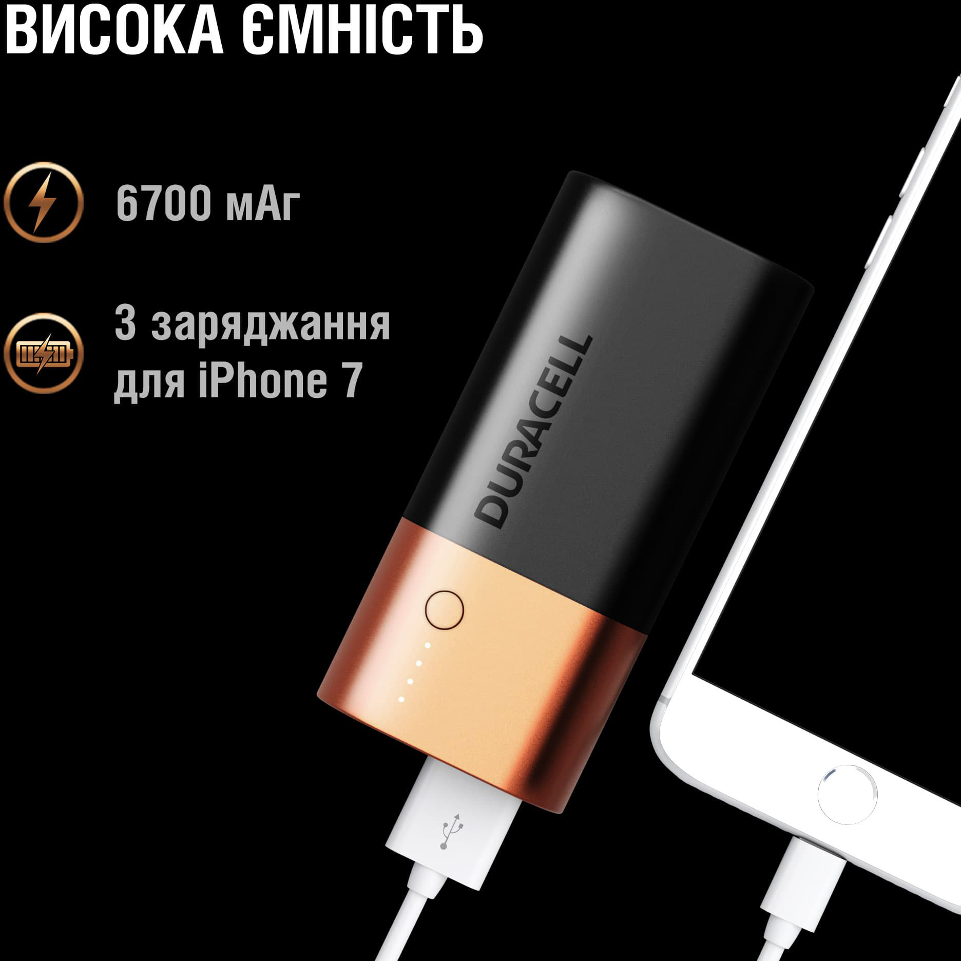 Акумулятор-зарядка Power bank, емність 6700мАч, вихід 2,4А - 1 USB, вхід - microUSB Duracell - фото 3