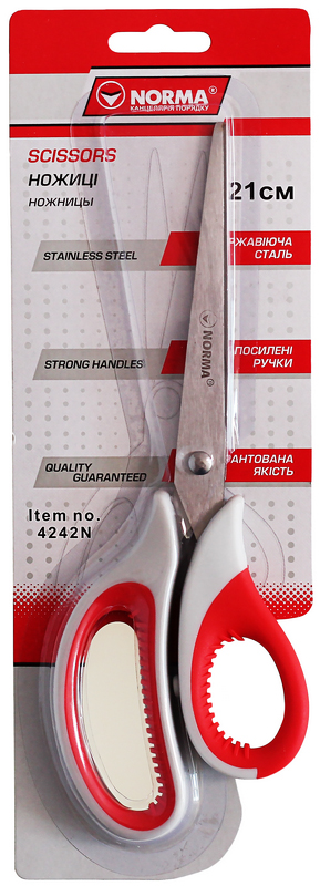 Ножиці 21см. з гумовими вставками, сіро-червоні NORMA - фото 1