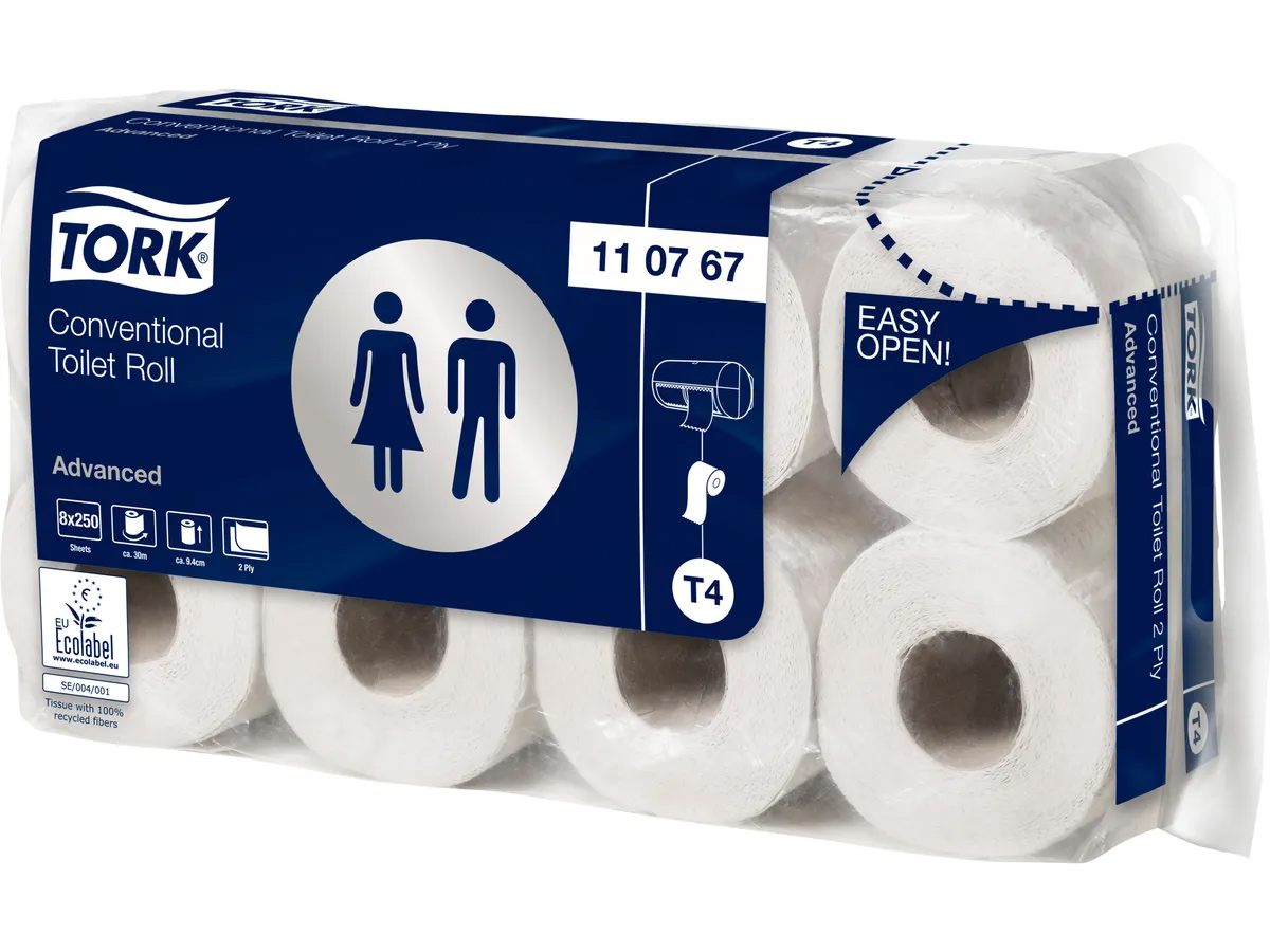 Туалетная бумага в стандар.рулонах Advanced, 2-х сл., 250 листов, 30м., 8рул./уп., (T4),  бел. Tork - фото 1