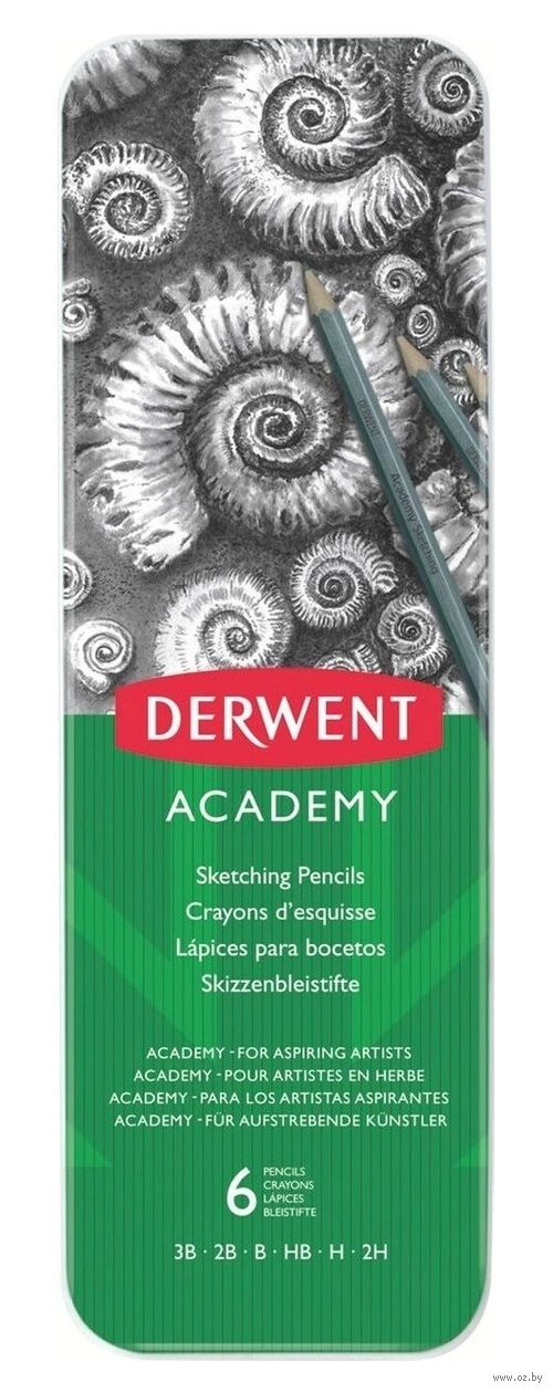 Набор карандашей чернографитных Academy Sketching, 6шт/уп. метал. коробка (3B,2B,B,НB,H,2H) Derwent - фото 1