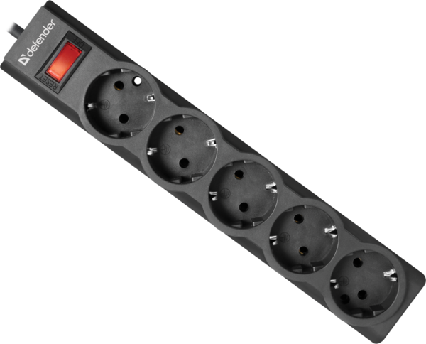 Фильтр-удлинитель 5 метров, 5 розеток с заземлением, выключатель с предохранителем, черн. Defender - фото 3