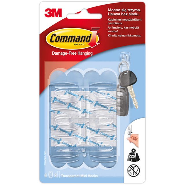 Крючок для ключей Command (17006CLR), самоклеящийся, нагрузка до 225г., 6 крючков/8 наклеек, прозр. 3M - фото 2