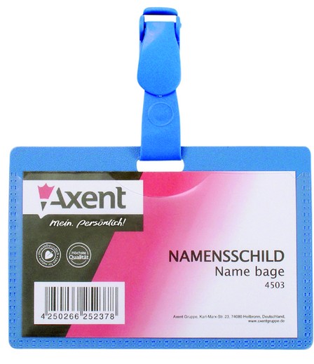 Бейдж горизонтальний 98*68мм., з кліпом, щільний пластиковий, син. Axent - фото 1