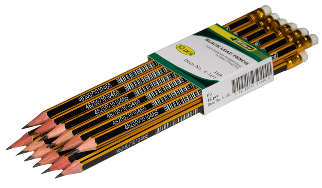 Карандаш чернографитный с резинкой НВ корпус черный с желтой полосой 4Office - фото 2