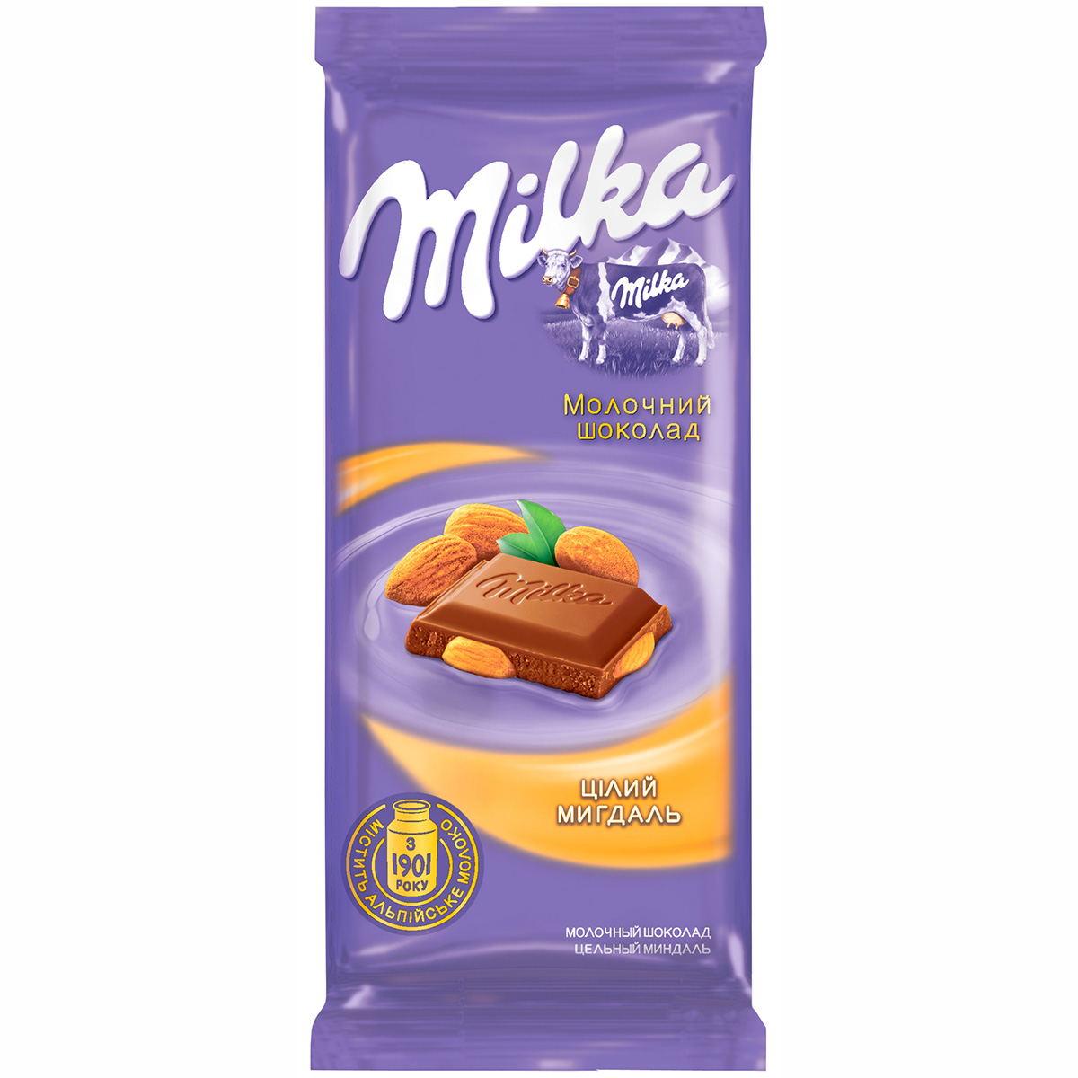 Шоколад Мілка молочний з цільним мигдалем, 90г. Milka - фото 1