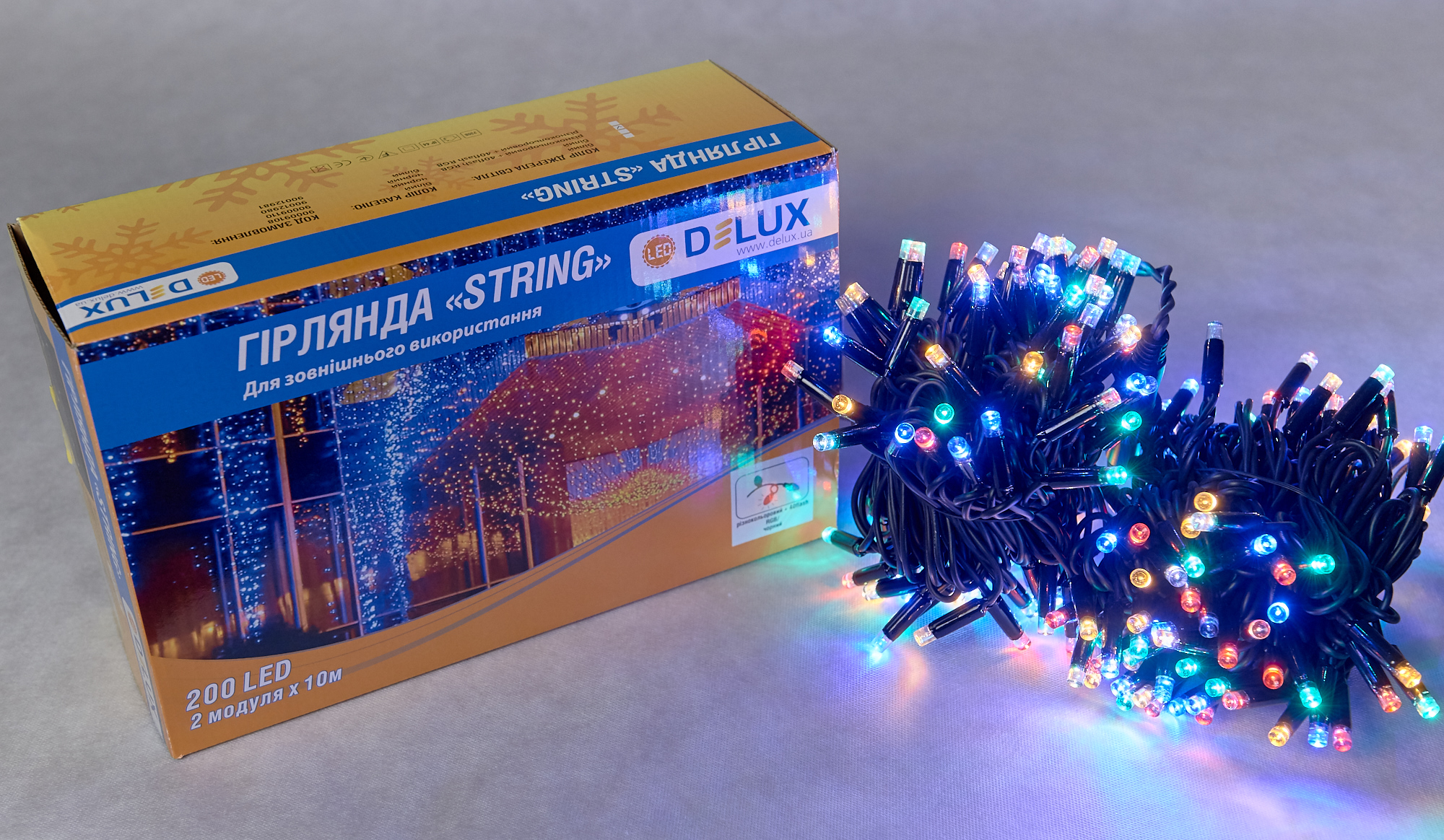 Гірлянда зовнішня DELUX STRING LED на 200 світлод. (з них 40 flash), 20 м (2*10м), IP44, різнокол. DeLux - фото 1