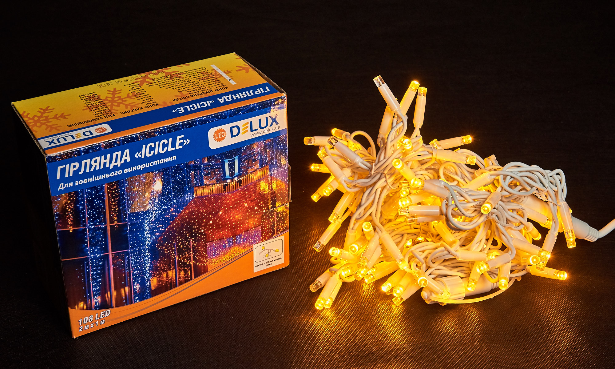 Гирлянда внешняя DELUX ICICLE LED на 108 светод. (из них 27 flash), 2 по 1метру, IP44, желт. DeLux - фото 1