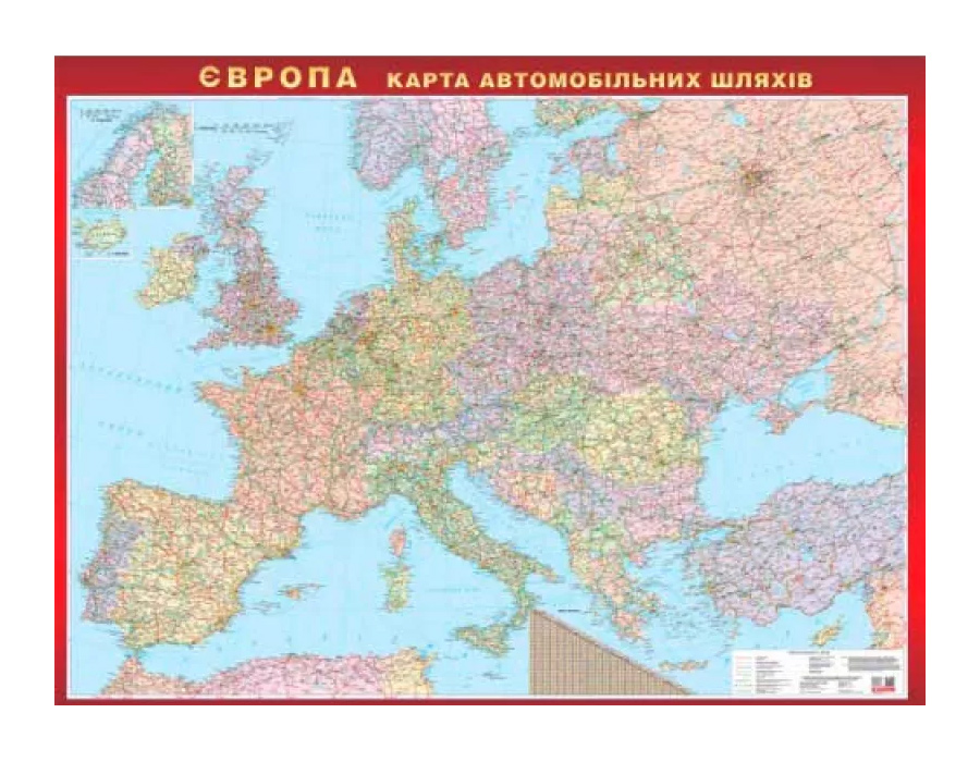 Карта Європи Автомобільні шляхи, 143,5*108см., м-б: 1:3 000 000, картон на планках Україна - фото 1
