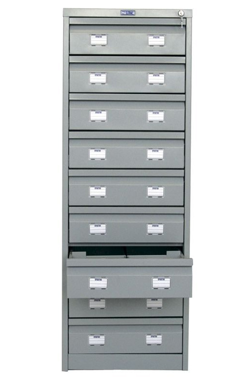 Шафа картотечна для підвісних файлів  на 9 ящ., 1330*470*631мм., металева з замком, сірий Практик - фото 1