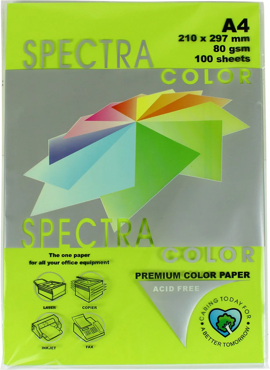 Бумага цветная Color A4 неон 80г./м2. Green, 100листов, зелен. Spectra Color - фото 1