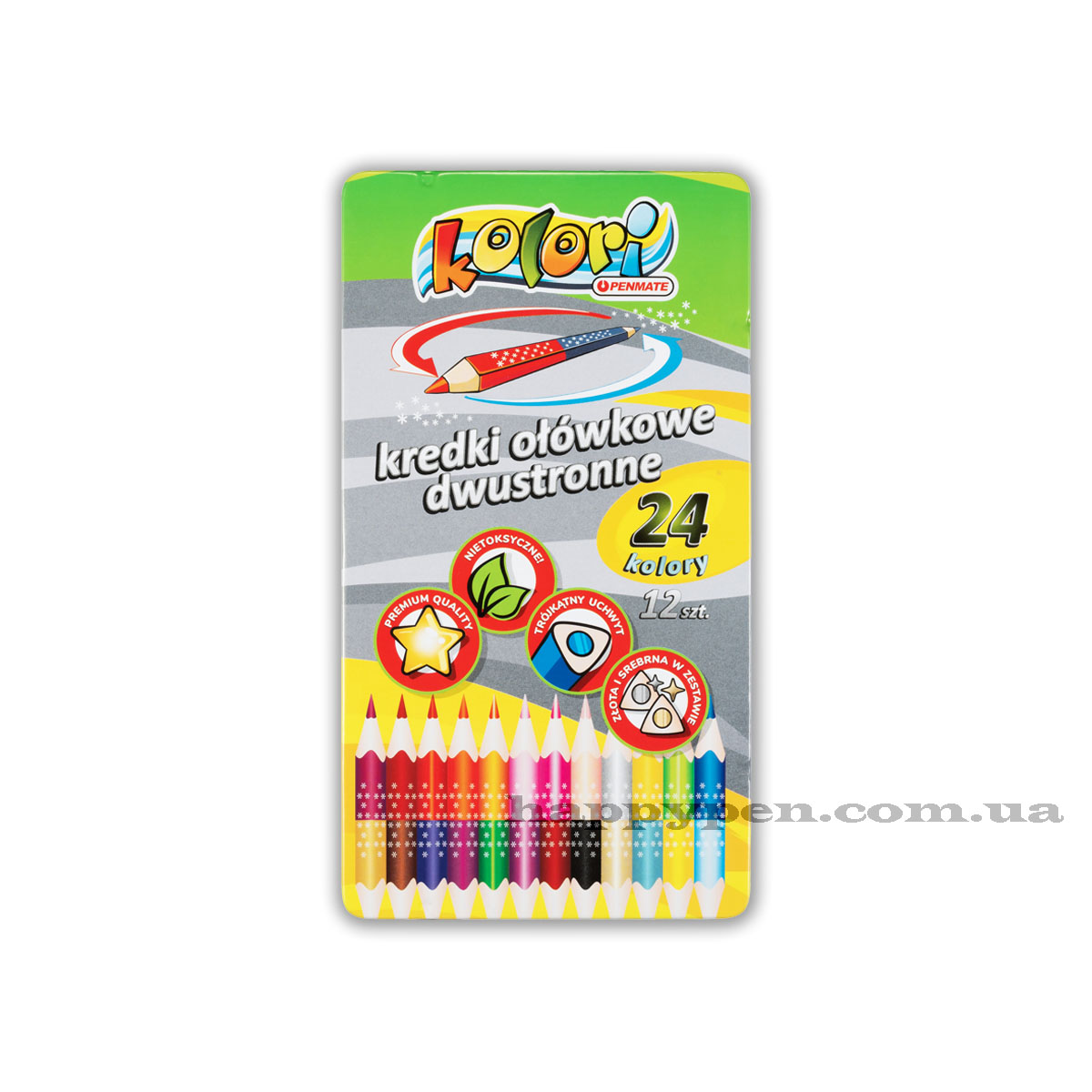 Олівці кольорові двосторонні 12шт/24кол. Kolori Premium Quality, трикутні в металевій коробці Penmate - фото 4