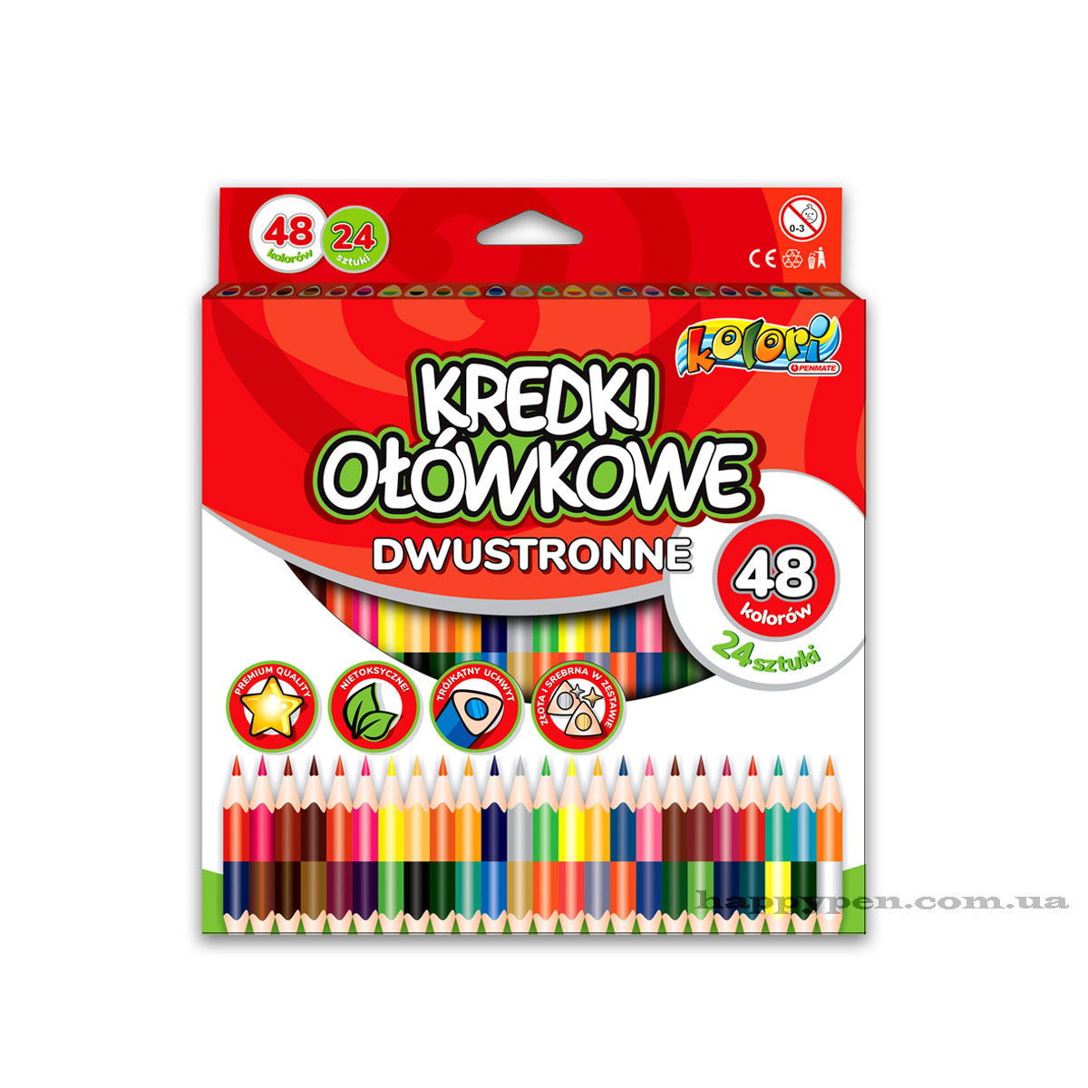 Карандаши цветные двусторонние 24шт/48цв. Kolori Premium Quality, треугольные Penmate - фото 1