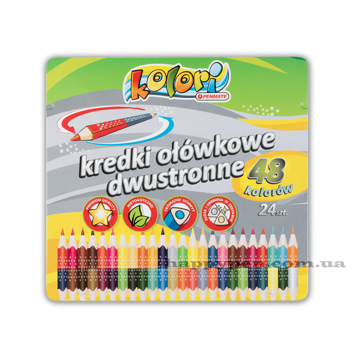 Карандаши цветные двусторонние 24шт/48цв. Kolori Premium Quality, треугольные в метал. коробке Penmate - фото 3