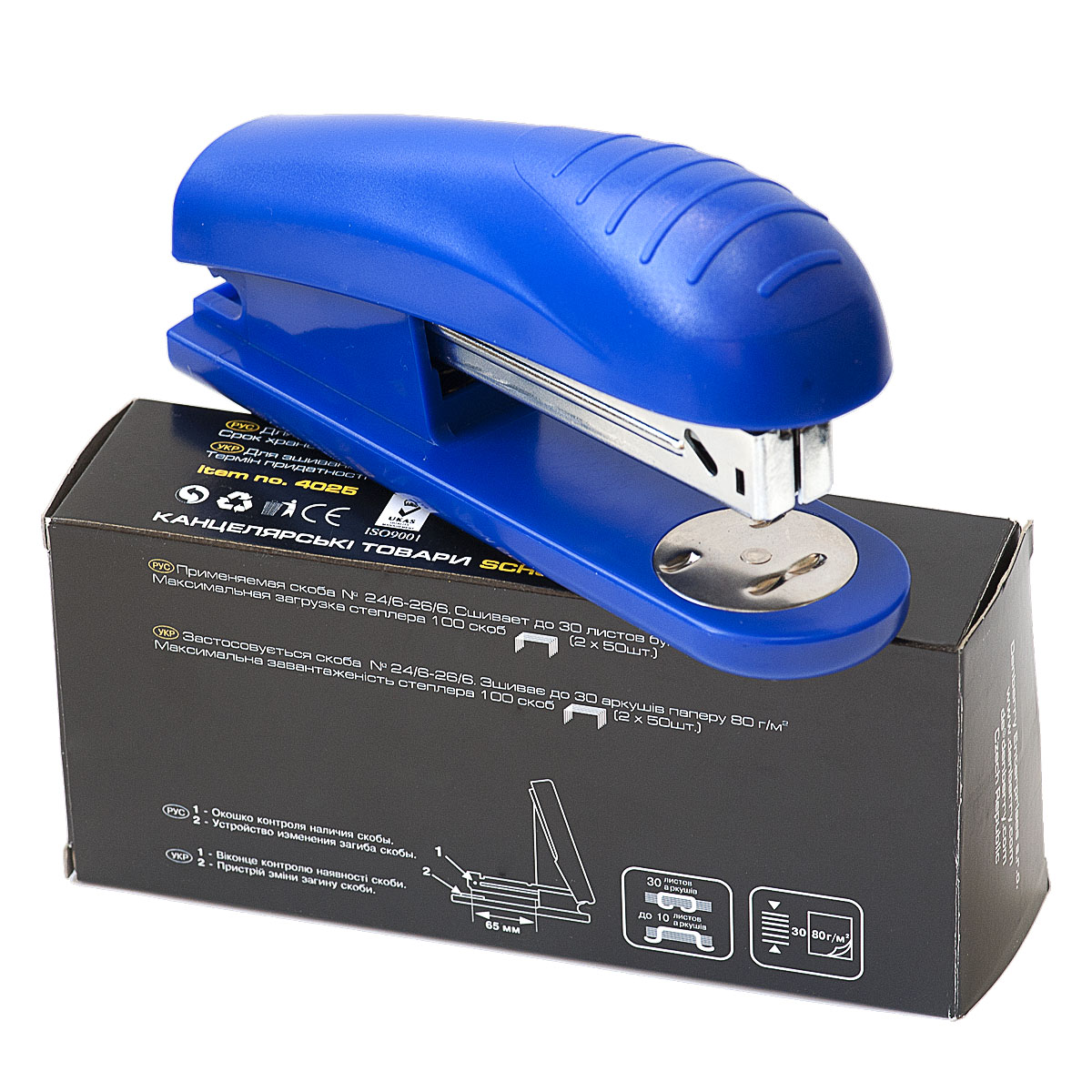 Степлер 24/6 30арк., плече 6,5см., пластик., син. Scholz - фото 2