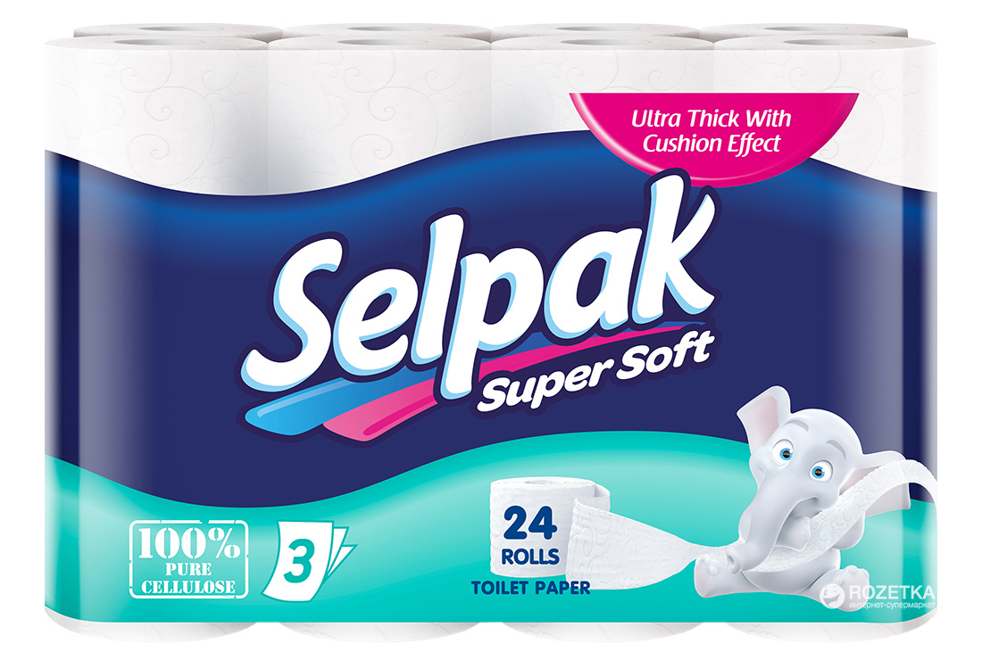 Папір туалетний Стандарт, 3-х шар., целюлоза, 140відр. (9,6*12,4см.), 24шт./уп., біл. Selpak - фото 1