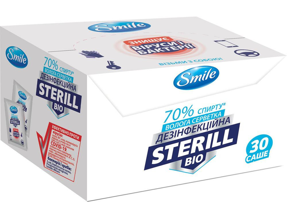 Серветки вологі Sterill Bio 70% спирту, саше 30шт./уп. Smile - фото 2