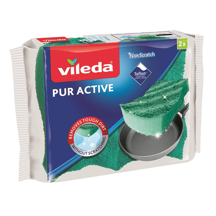 Губки кухонные для посуды с антипригарным покрытием Pur Active, 110*70*25мм., 2шт./уп., зелен. Vileda - фото 1