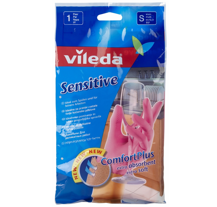 Рукавички гумові для приберання Sensitive ComfortPlus S, маленькі, рожев. Vileda - фото 2