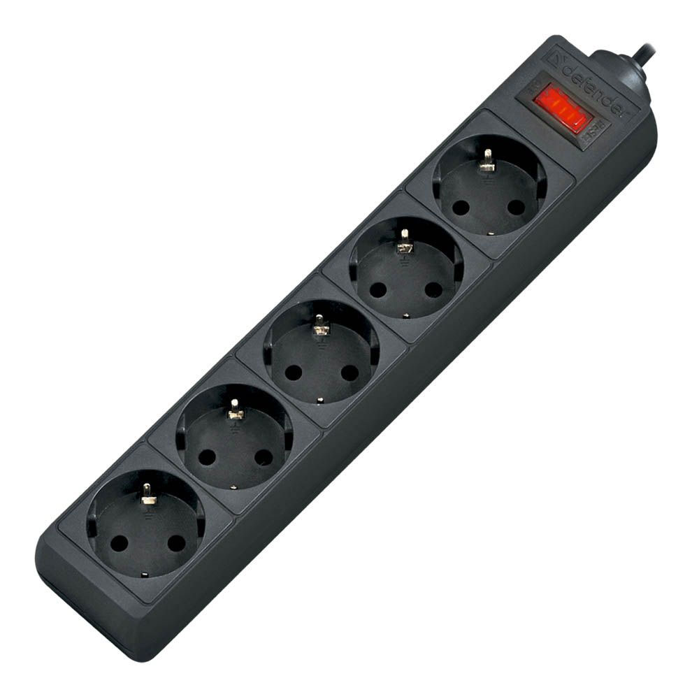 Фільтр-подовжувач 3 метри, 5 розеток з заземленням, вимикач з запобіжником, чорн. Defender - фото 1