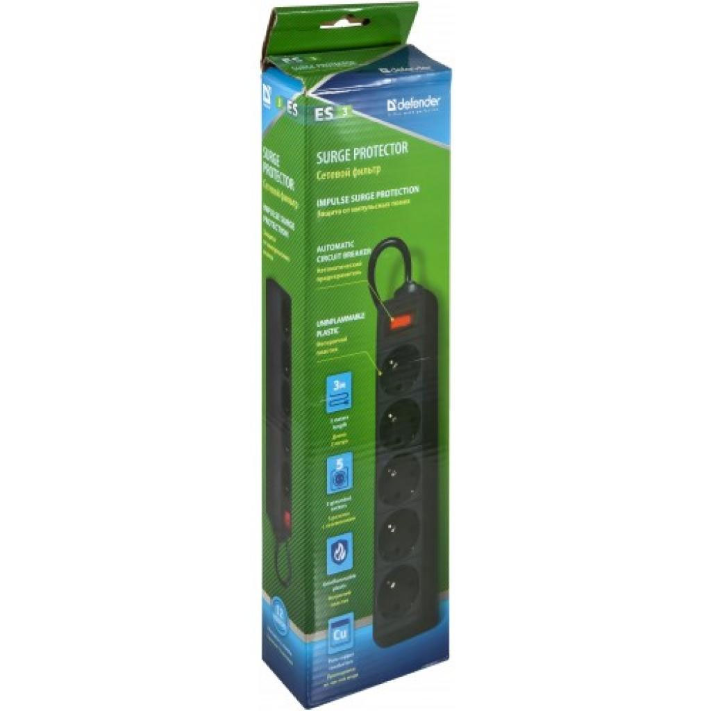 Фільтр-подовжувач 3 метри, 5 розеток з заземленням, вимикач з запобіжником, чорн. Defender - фото 2