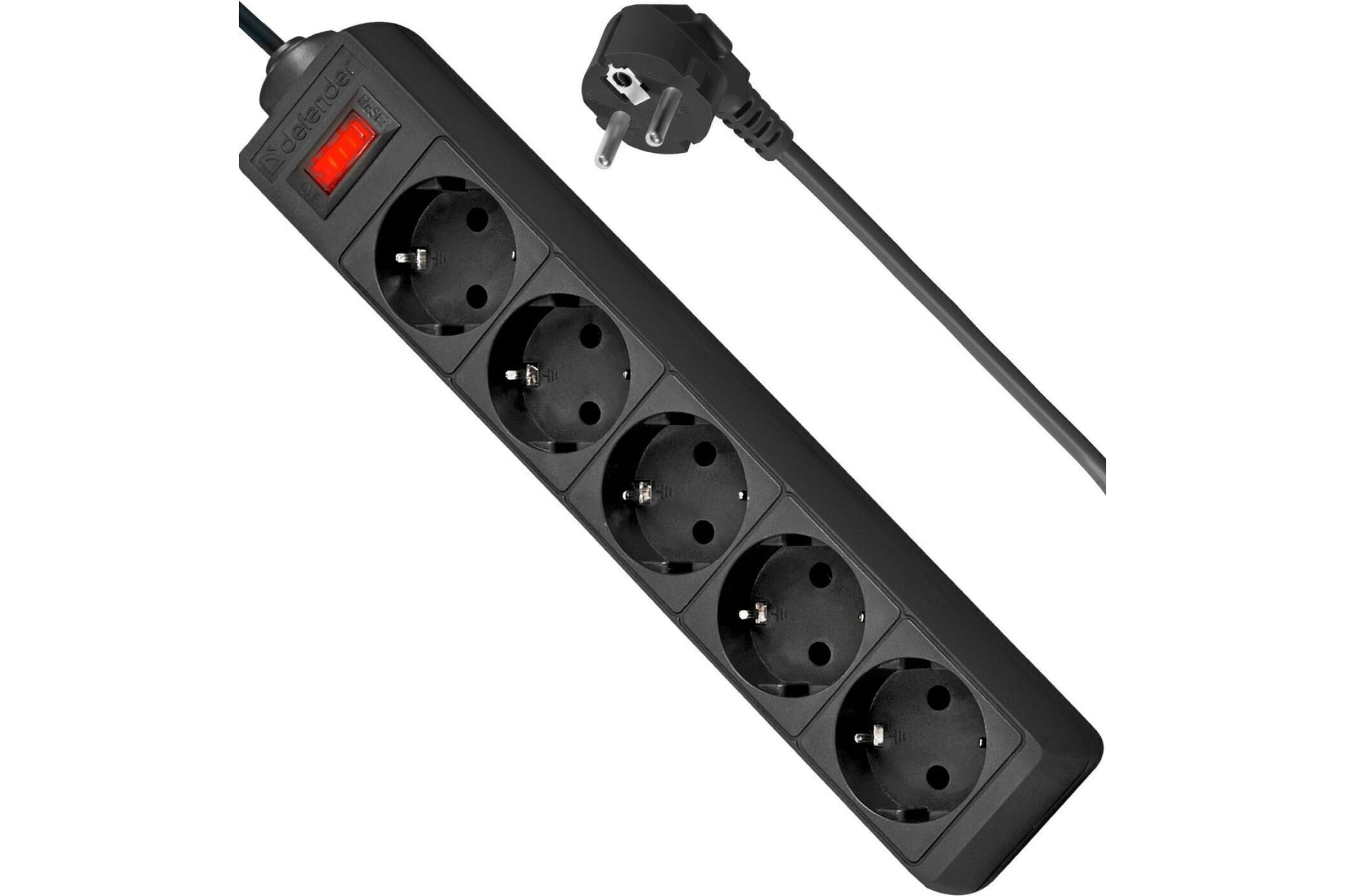 Фільтр-подовжувач 3 метри, 5 розеток з заземленням, вимикач з запобіжником, чорн. Defender - фото 3