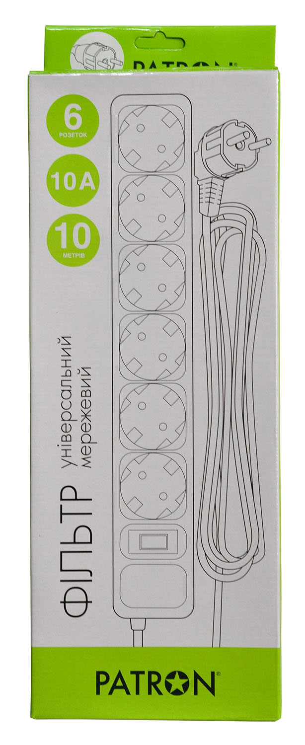 Фильтр-удлинитель 10 метров, 6 розеток с заземлением, выключатель с предохранителем, черн. Patron - фото 1