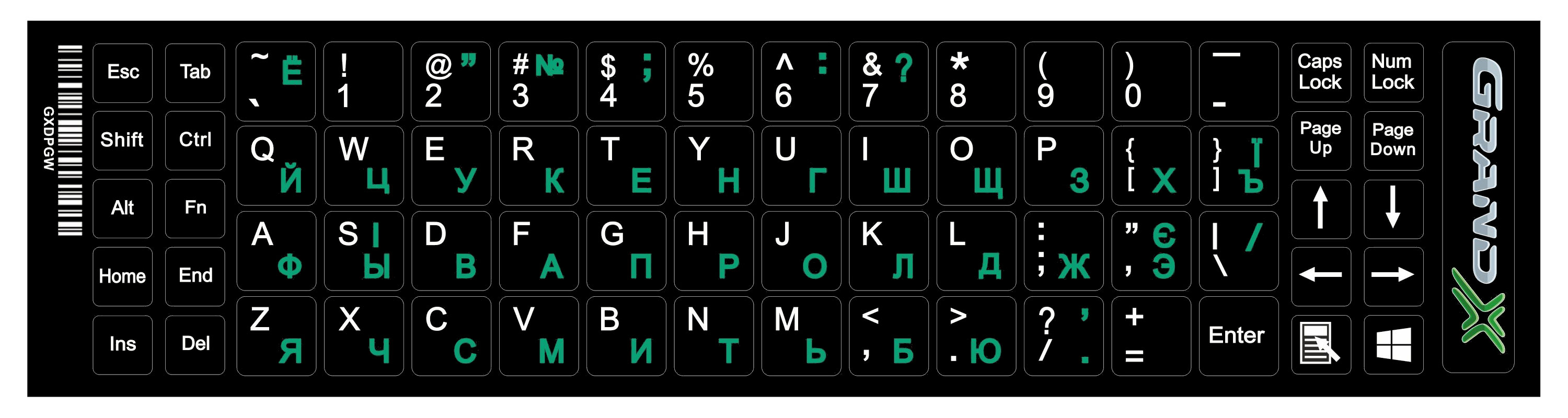 Наліпки на клавіатуру (російсько-англійський+українська) 68 keys Cyrillic green, зелен. Grand-X - фото 1